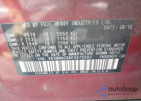 2015 Subaru Legacy 2.5I Premium z USA, uszkodzony, nr VIN 4S3BNAC66F3070593